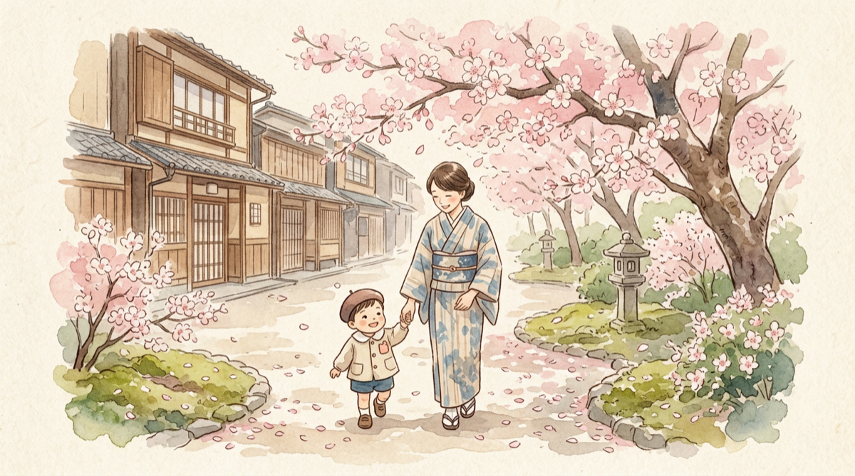 桜の下で手をつなぐ母と子ども — 京都の町家が背景に広がる水彩画