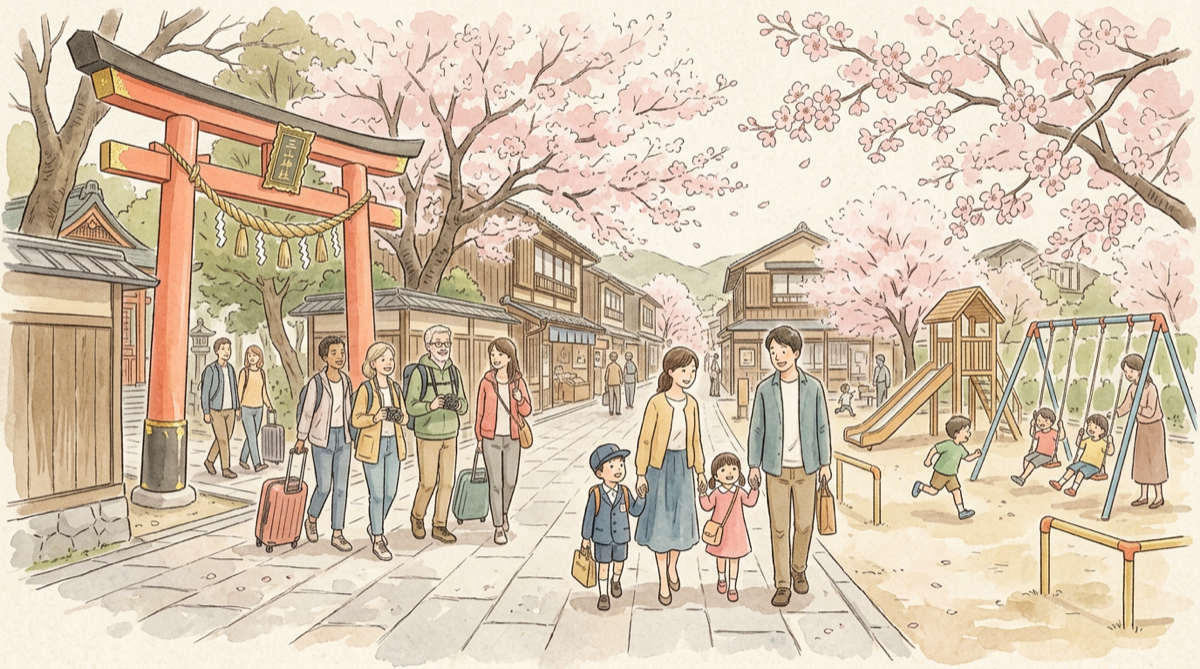 鳥居のそばを歩く観光客と、公園で遊ぶ地元の子どもたち — 京都の共存する風景の水彩画