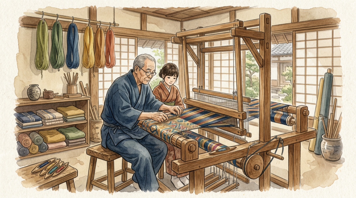 西陣織の工房で若い弟子に技術を伝える老職人 — 水彩画
